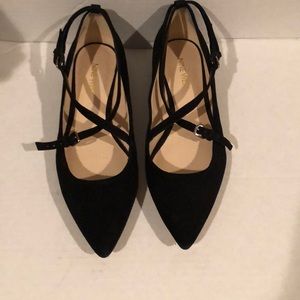 Black suede Nine West flats/ cross strap detail